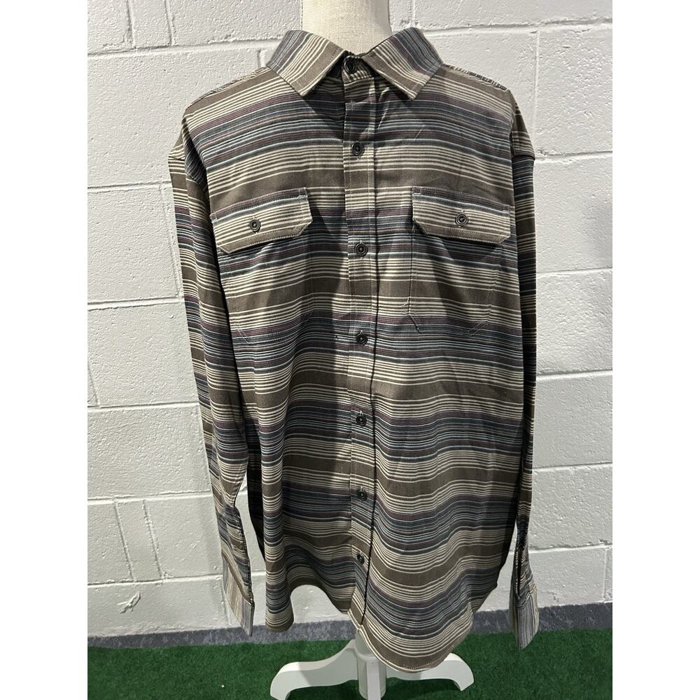 Swiss Tech Button Down Long Sleeve Shirt Mens XL 46/48 Tan Nylon Striped Stretch